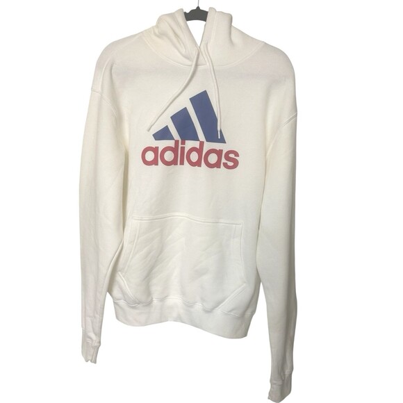 Adidas Mens Two-Tone Bos Hooded Sweatshirt White Red Blue Logo Pullover Sz M - Picture 1 of 6